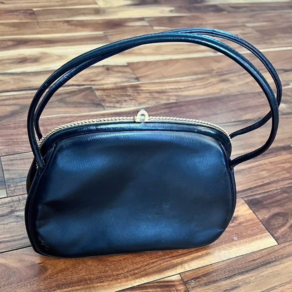 Vintage Black Leather Handbag Purse Retro Glam Party - Picture 2 of 10